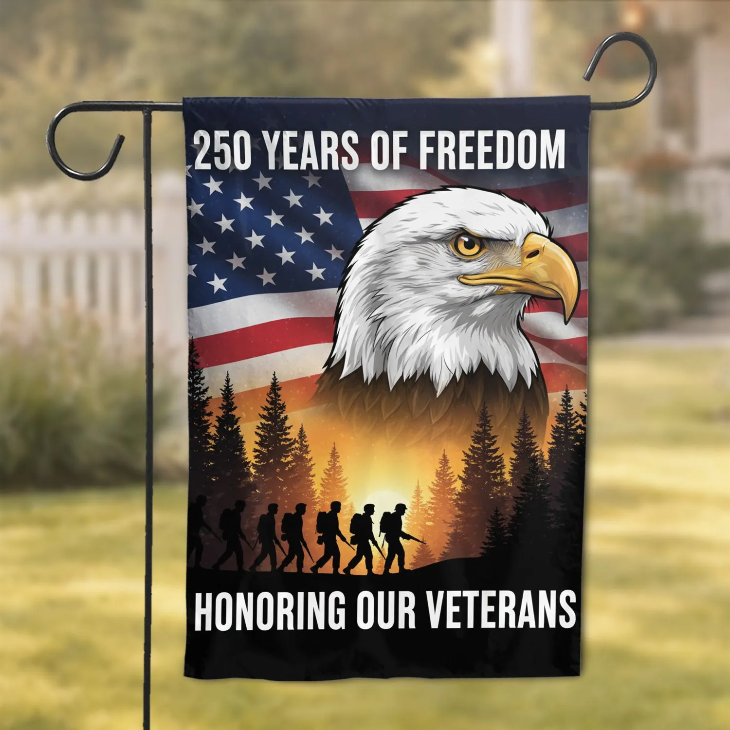 Patriotic Bald Eagle American Flag Soldiers - 250th Anniversary Veterans Tribute Garden Flag - 1