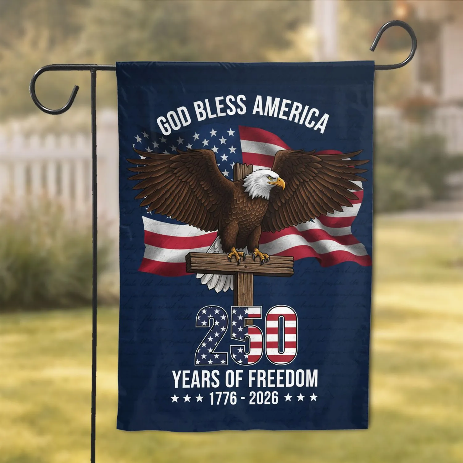 Bald Eagle American Flag Wooden Cross 1776-2026 - USA 250th Anniversary Freedom Garden Flag - 1