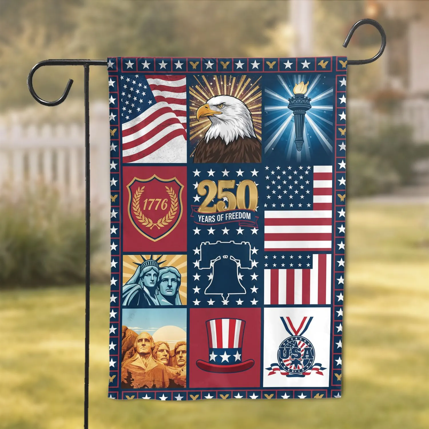 American Flag Bald Eagle 1776 Liberty Bell Rushmore - USA 250th Anniversary (1776-2026) Garden Flag - 1
