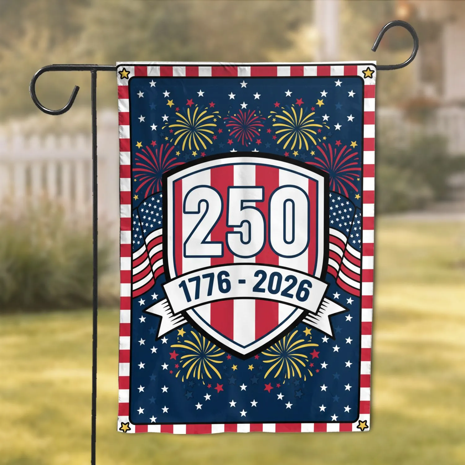 Patriotic Shield 250th Anniversary 1776-2026 USA Flag Fireworks Gold Stars Garden Flag - 1