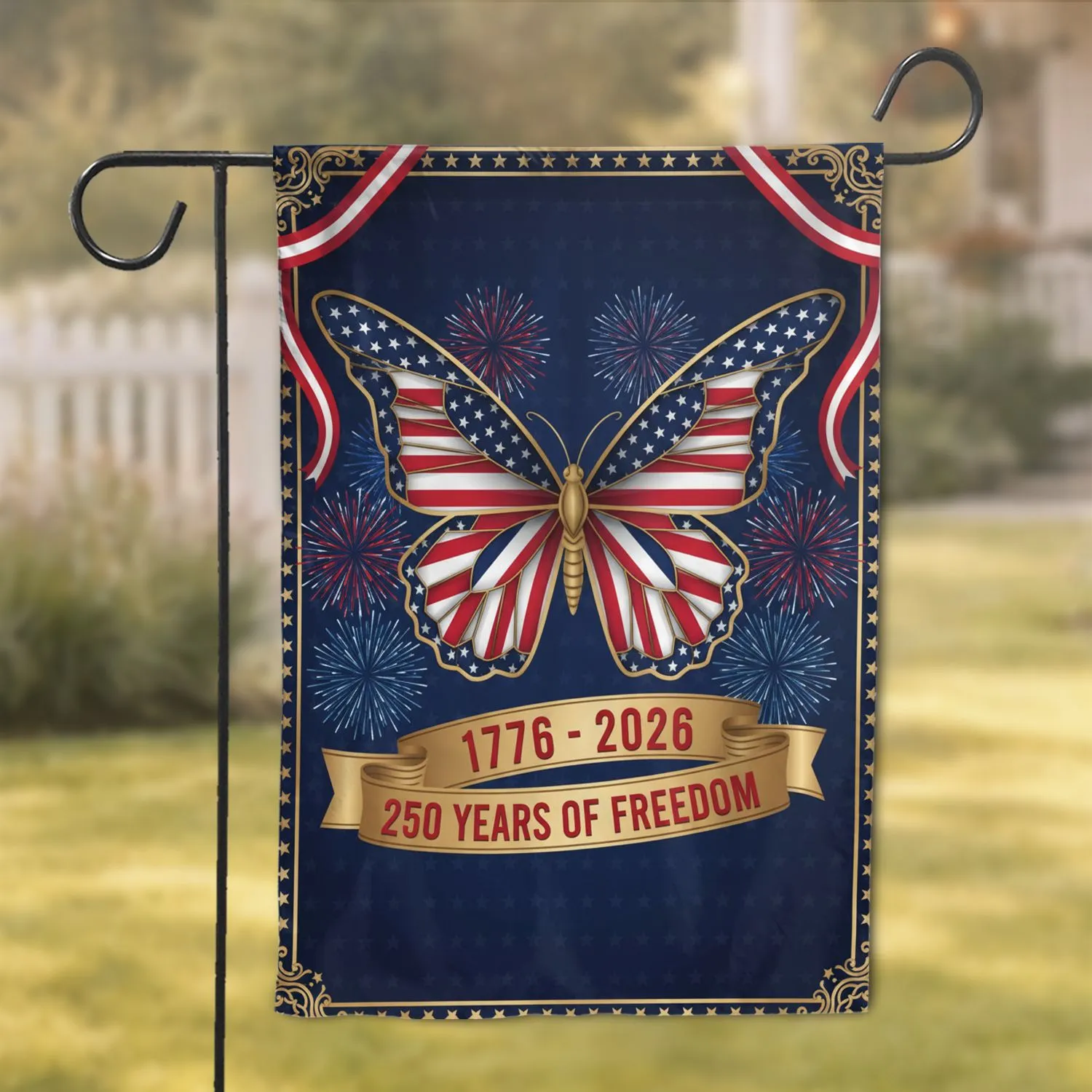 Patriotic Butterfly American Flag 1776-2026 - USA 250th Freedom Celebration Garden Flag - 1