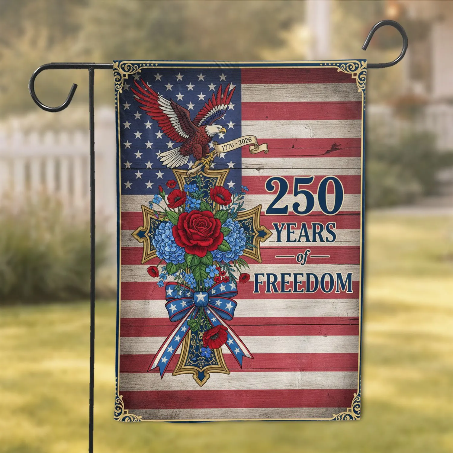 Bald Eagle American Flag Cross 1776-2026 - USA 250 Years of Freedom Anniversary Gift for Veterans Garden Flag - 1