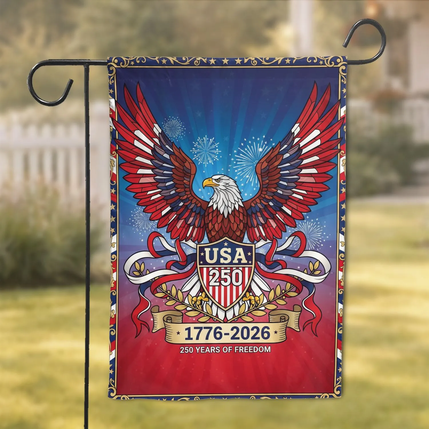 Stained Glass Bald Eagle American Flag USA 250th Anniversary 1776-2026 Veterans Gift Garden Flag - 1
