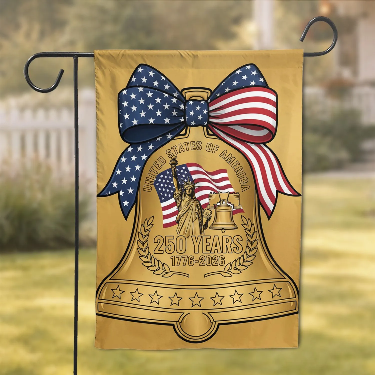 Golden Bell Statue of Liberty American Flag Patriotic Bow 1776-2026 250th Anniversary Garden Flag - 1