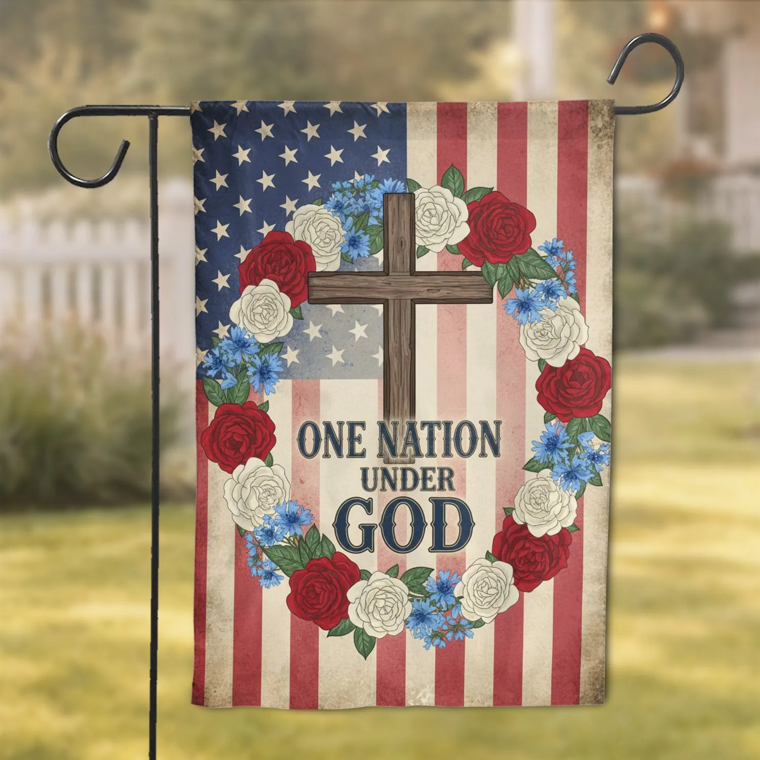 Rustic Wooden Cross American Flag 'ONE NATION UNDER GOD' USA 250th Anniversary (1776-2026) Garden Flag - 1