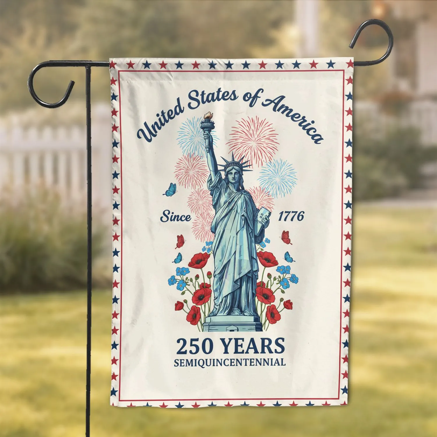 Statue of Liberty 250th Anniversary (1776-2026) American Patriotic Flowers Fireworks Art Garden Flag - 1