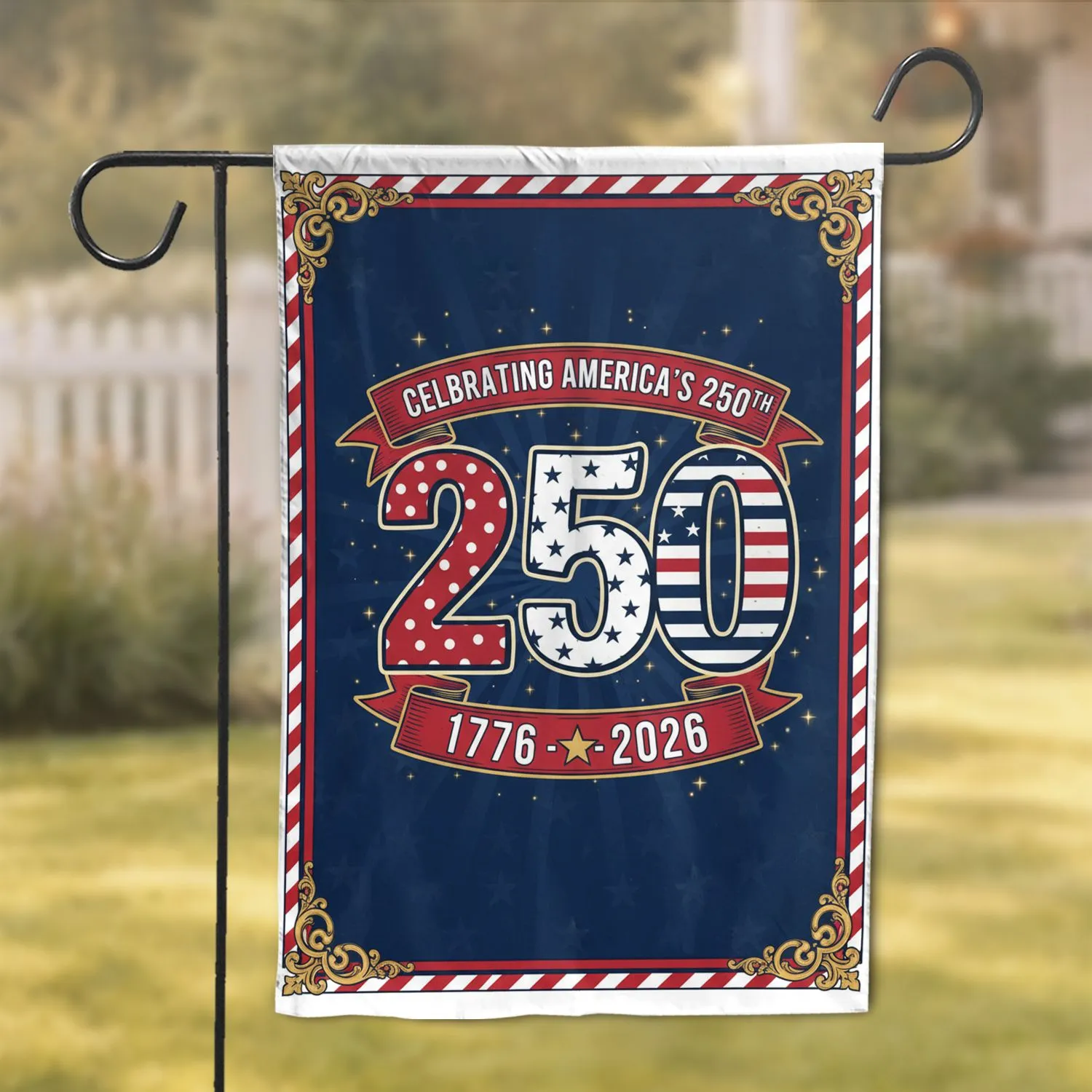 Patriotic 250th Anniversary 1776-2026 Emblem - Gold Stars & Striped Filigree Border Art Garden Flag - 1