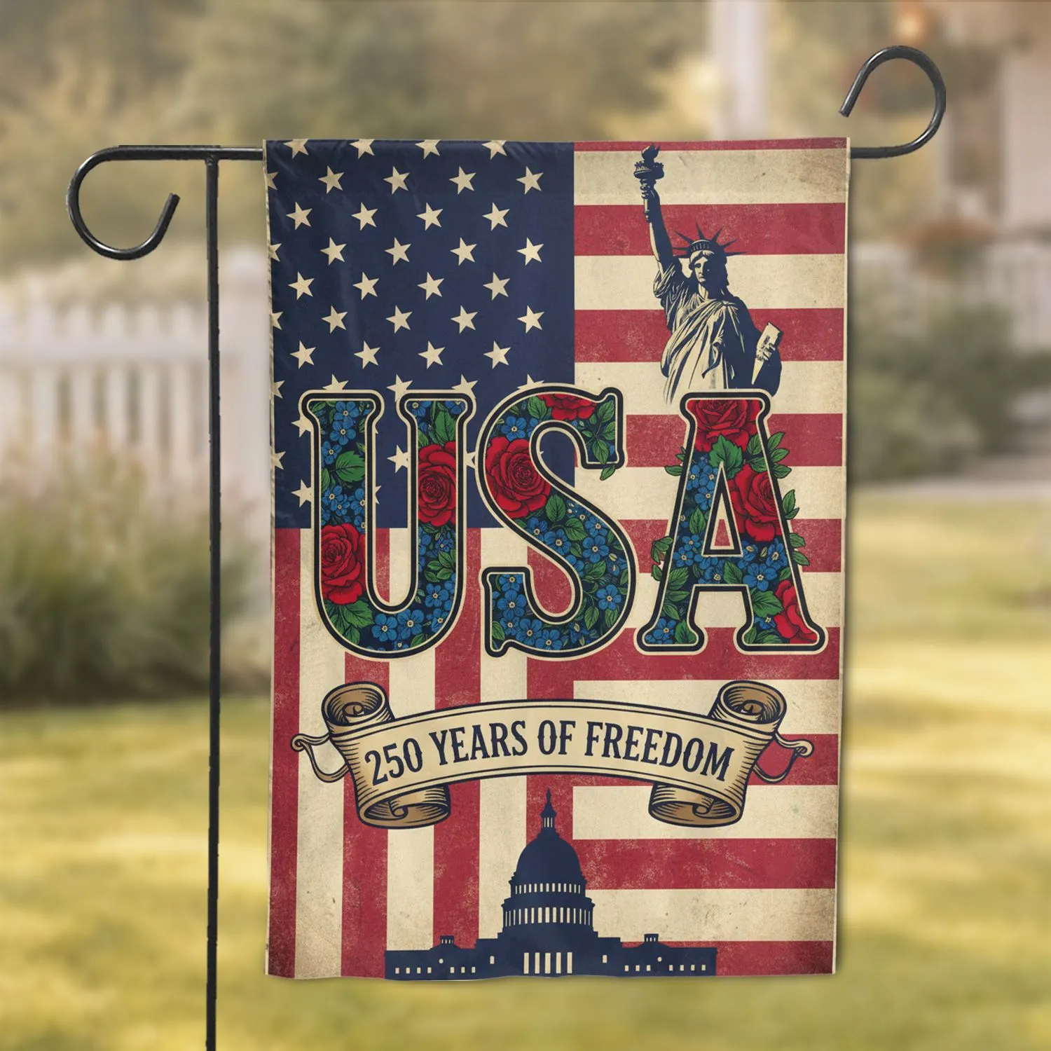 Floral USA Flag 250th Anniversary (1776-2026) - Liberty & Freedom Patriot Design Garden Flag - 1