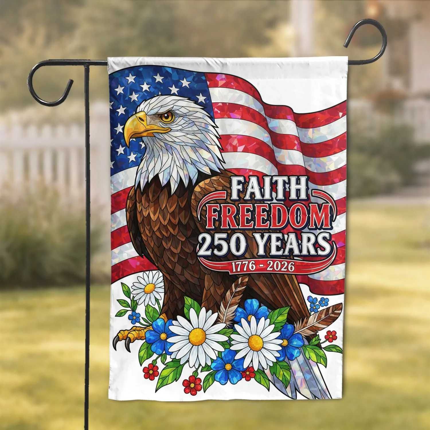 Stained Glass Bald Eagle American Flag 1776-2026 Patriotic Freedom - USA 250th Anniversary Garden Flag - 1