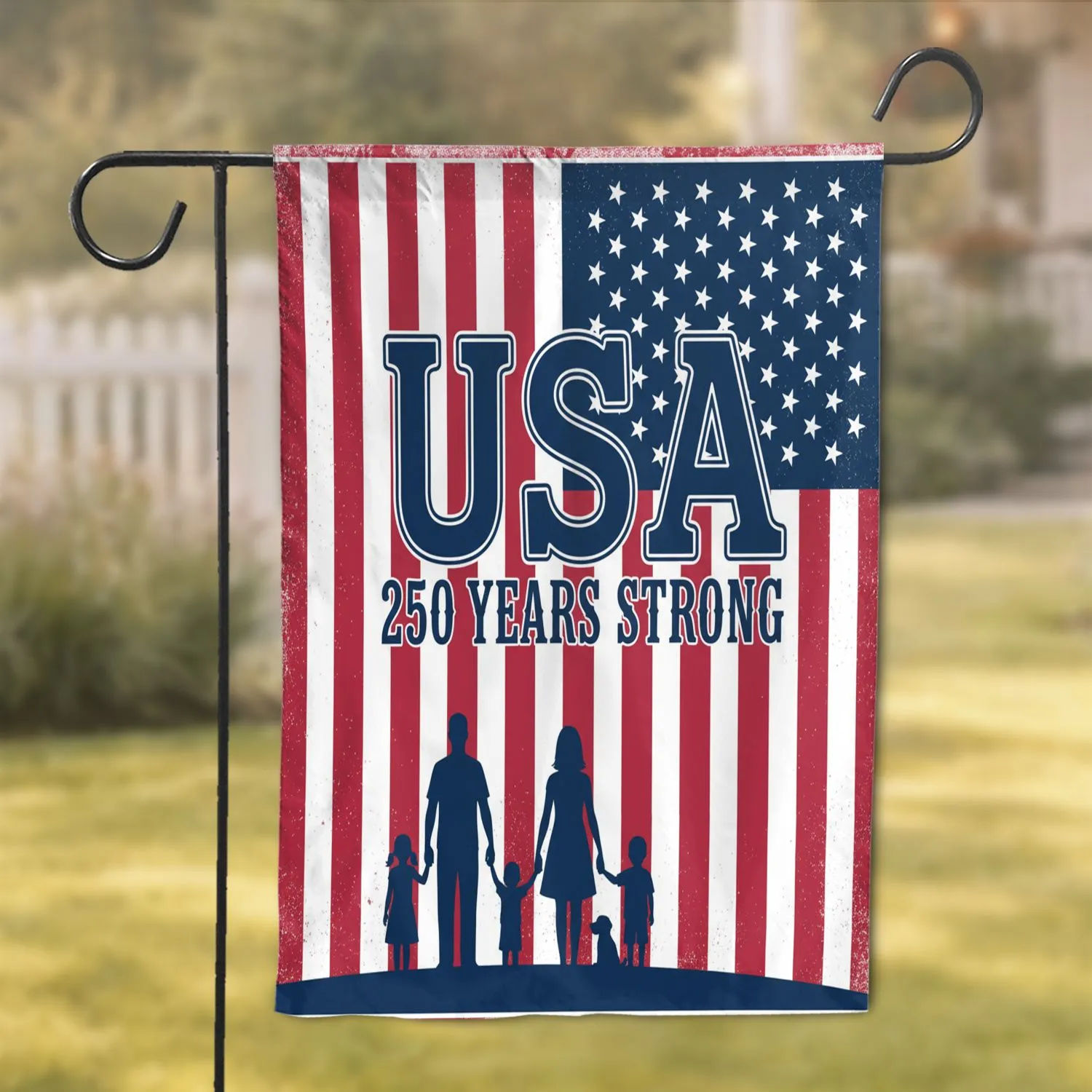 USA 250 Years Family Silhouette Distressed American Flag - 1776-2026 Anniversary Garden Flag - 1