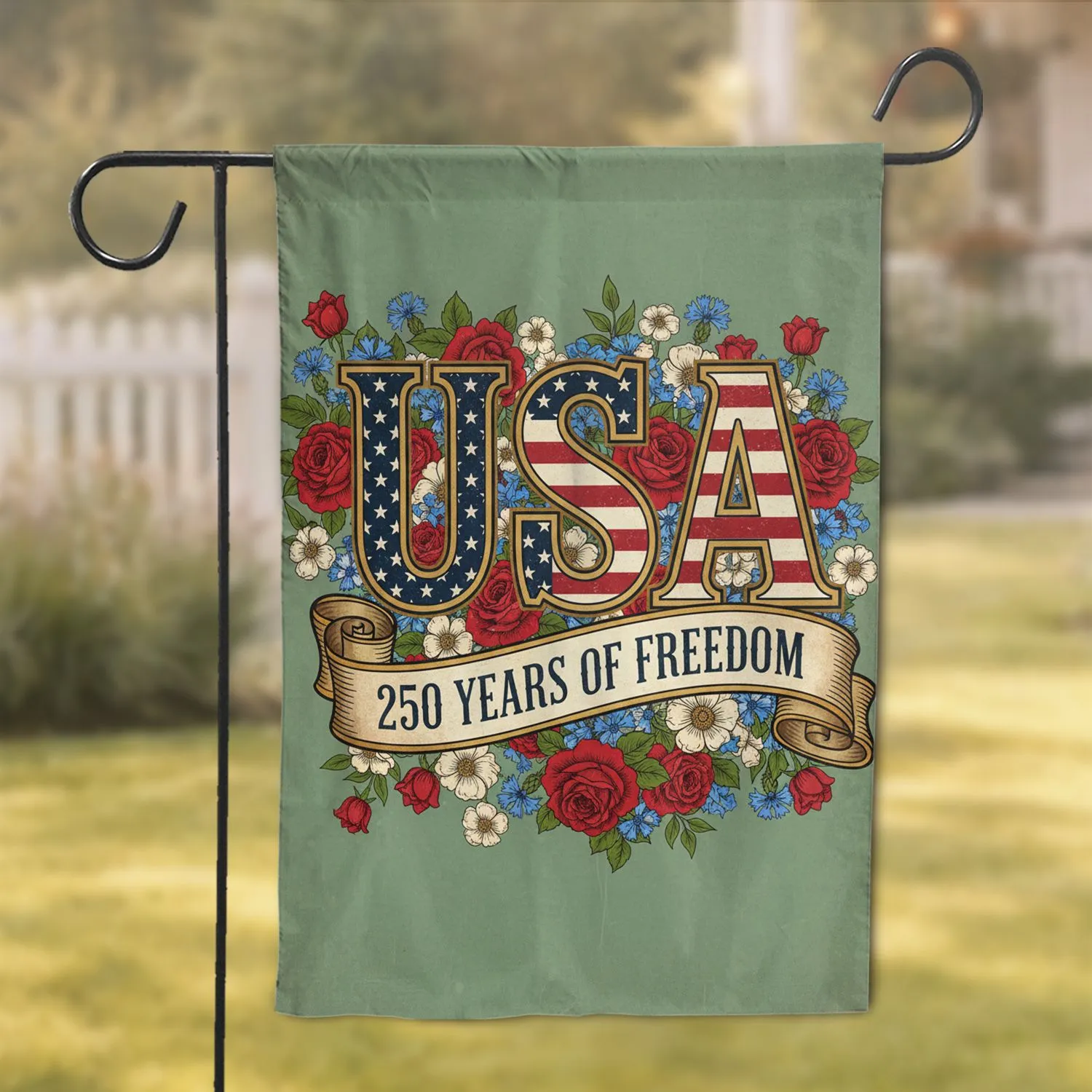 USA Letters Floral Flag 1776-2026 - 250th Anniversary Freedom Celebration Patriotic Garden Flag - 1