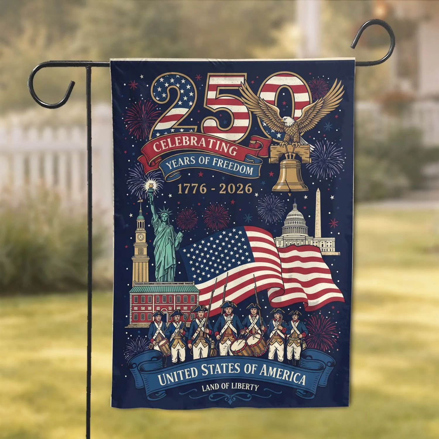 Bald Eagle American Flag 250th Anniversary - Statue Liberty Colonial Soldier 1776-2026 Garden Flag - 1