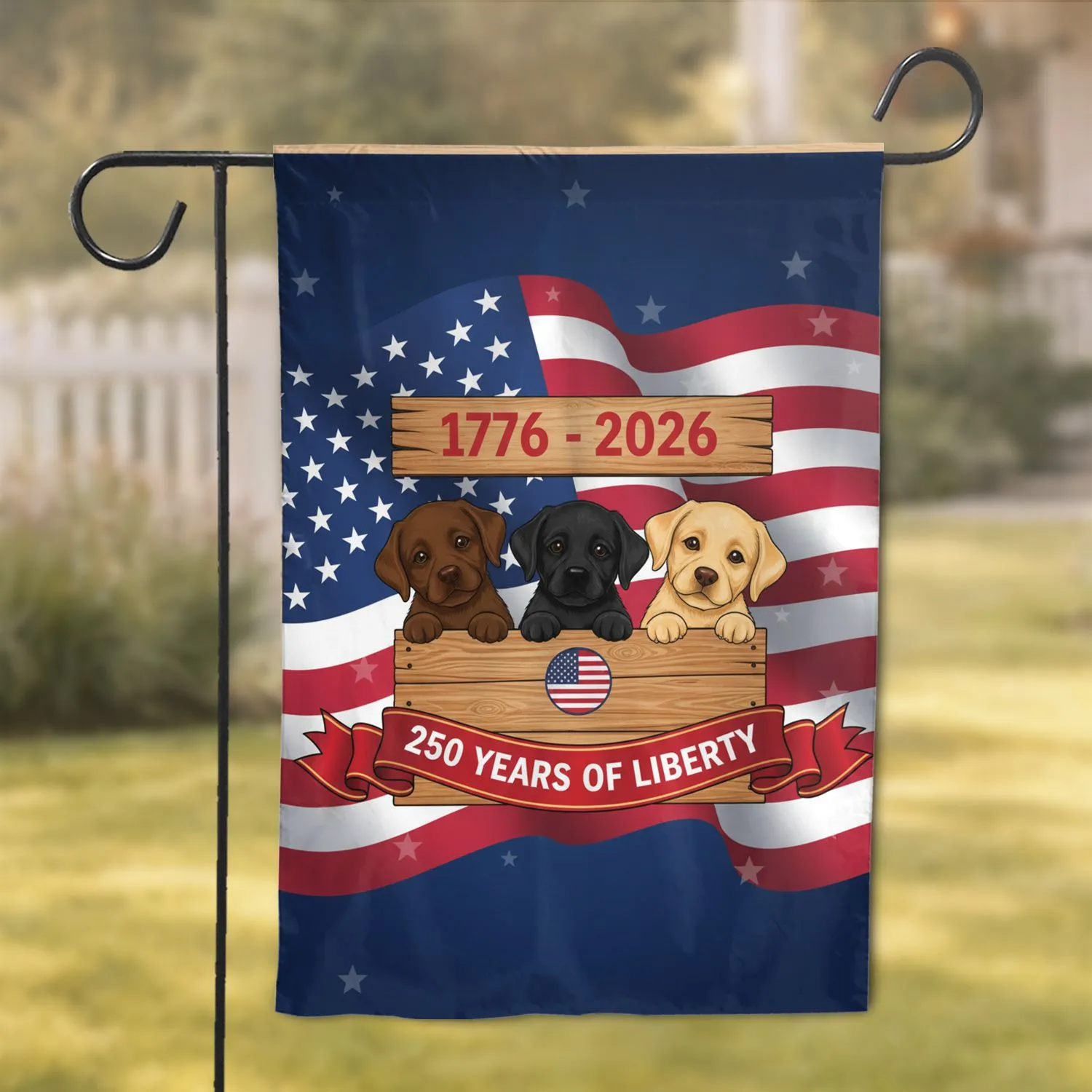 Chocolate Black Yellow Lab Puppies American Flag 1776-2026 USA 250th Anniversary Garden Flag - 1