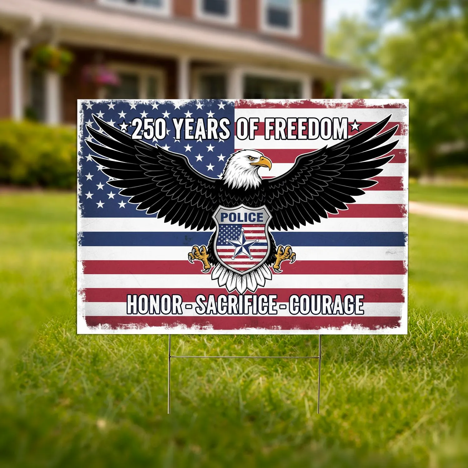 Bald Eagle American Flag Police Shield - USA 250th Anniversary Freedom & Honor 1776-2026 Yard Sign - 1