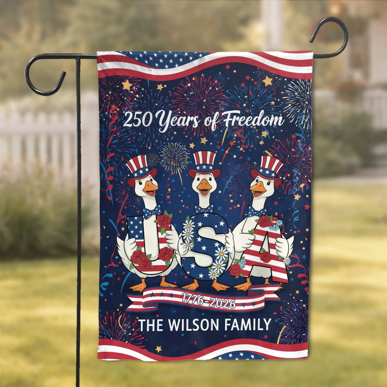 Patriotic Geese Uncle Sam USA Letters American Flag - 250 Years Freedom 1776-2026 Wilson Family Garden Flag - 1