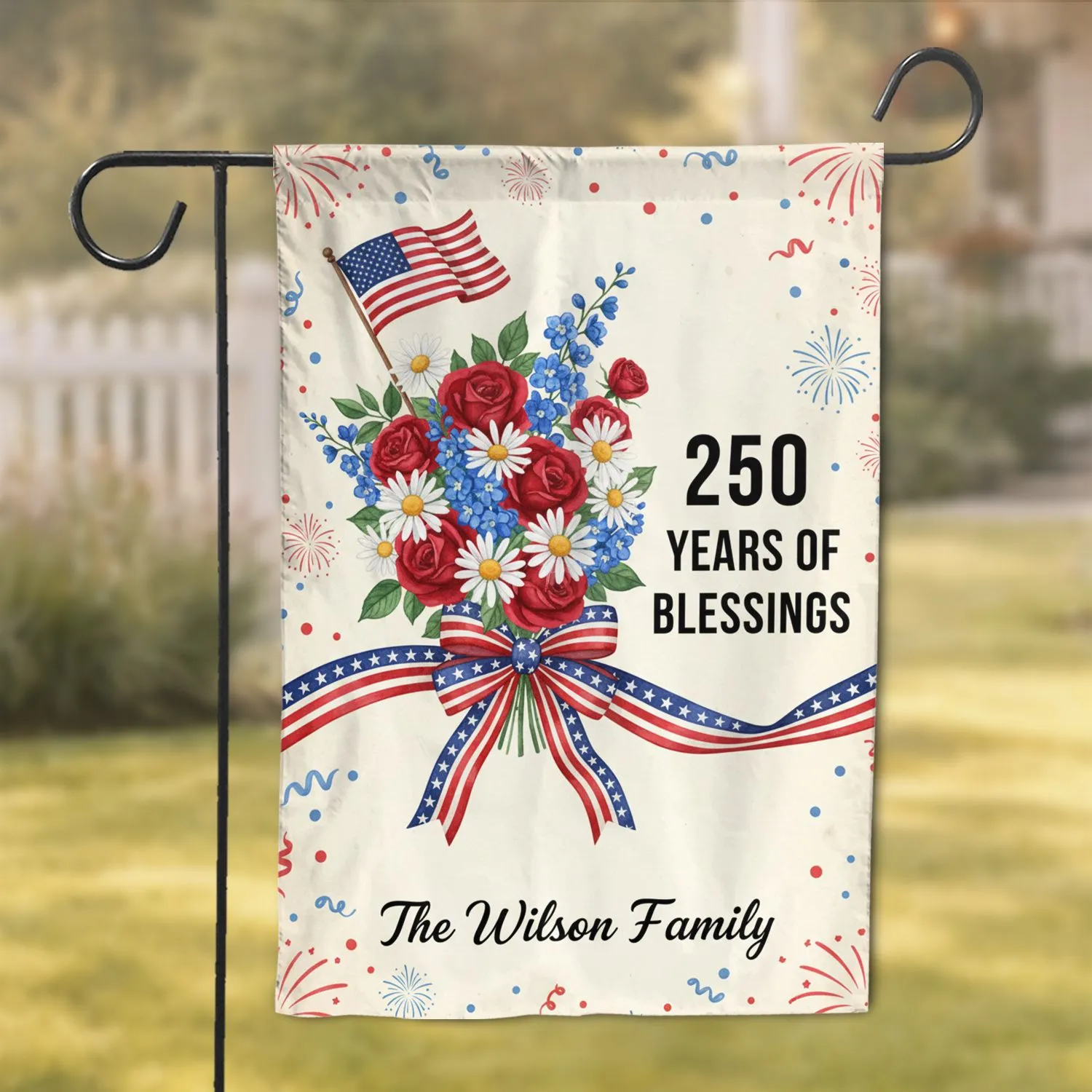 Patriotic Floral American Flag Bouquet - USA 250th Anniversary 1776-2026 Blessings Garden Flag - 1