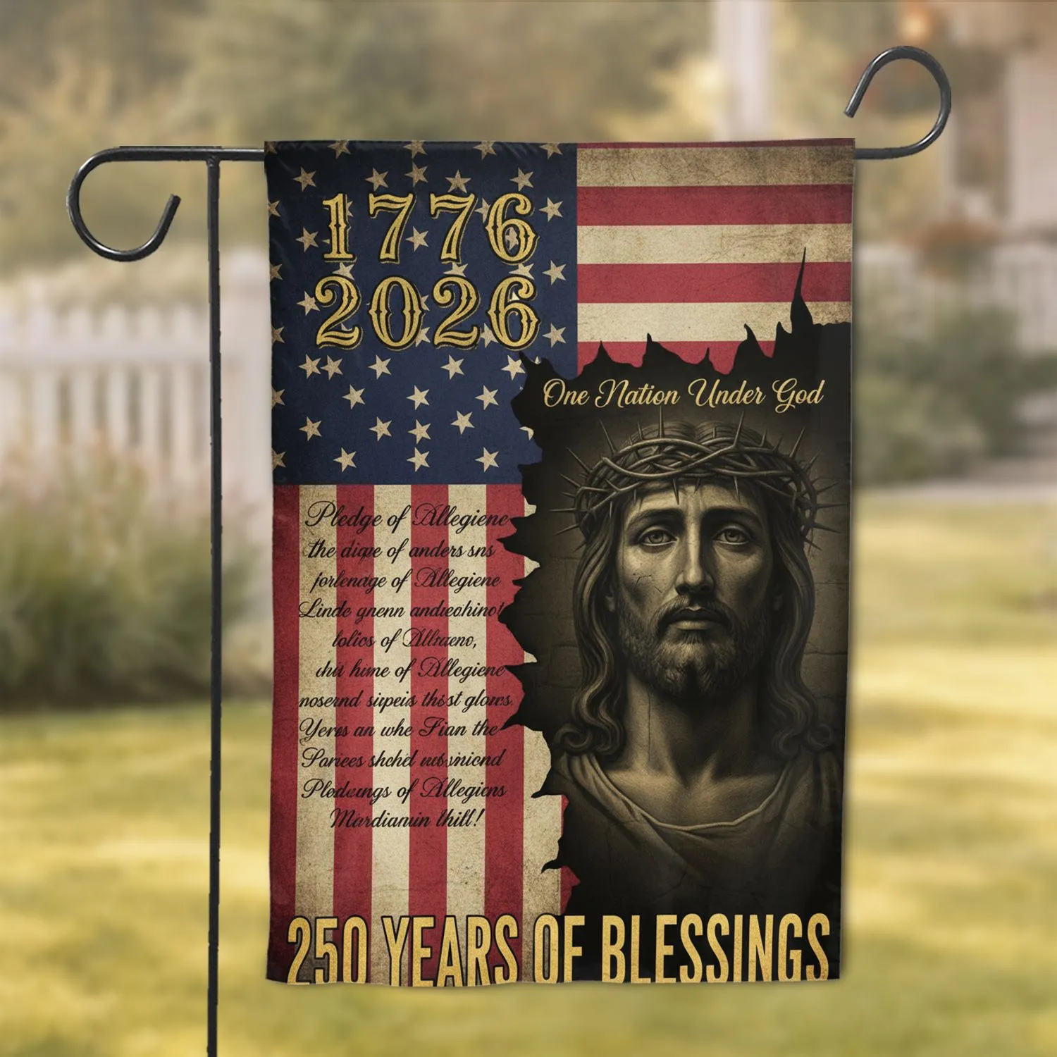 Distressed American Flag Jesus Portrait - Patriotic Pledge 1776-2026 USA 250th Anniv Garden Flag - 1