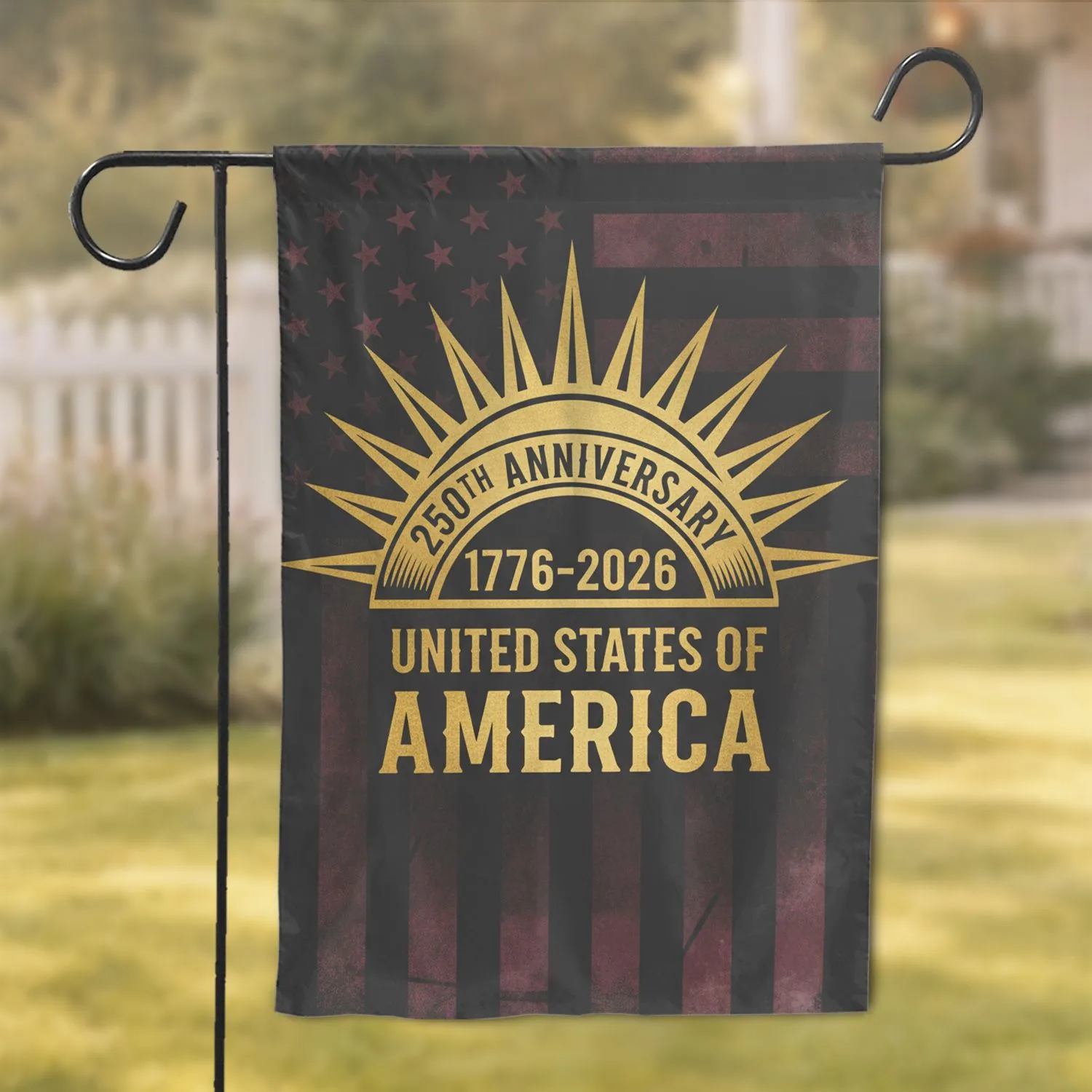 250th Anniversary 1776-2026 USA Patriotic Sun Emblem Distressed Flag Art Independence Day Garden Flag - 1