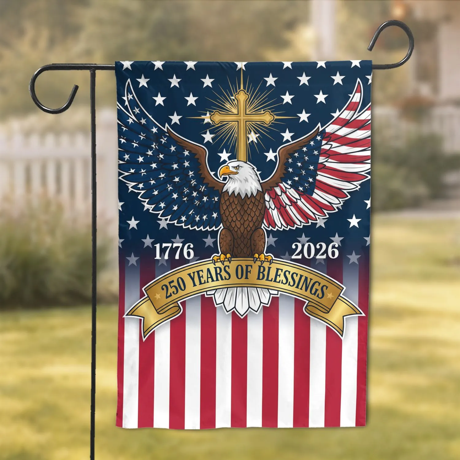 Bald Eagle American Flag Golden Cross 1776-2026 - USA 250th Anniversary Patriotic Garden Flag - 1