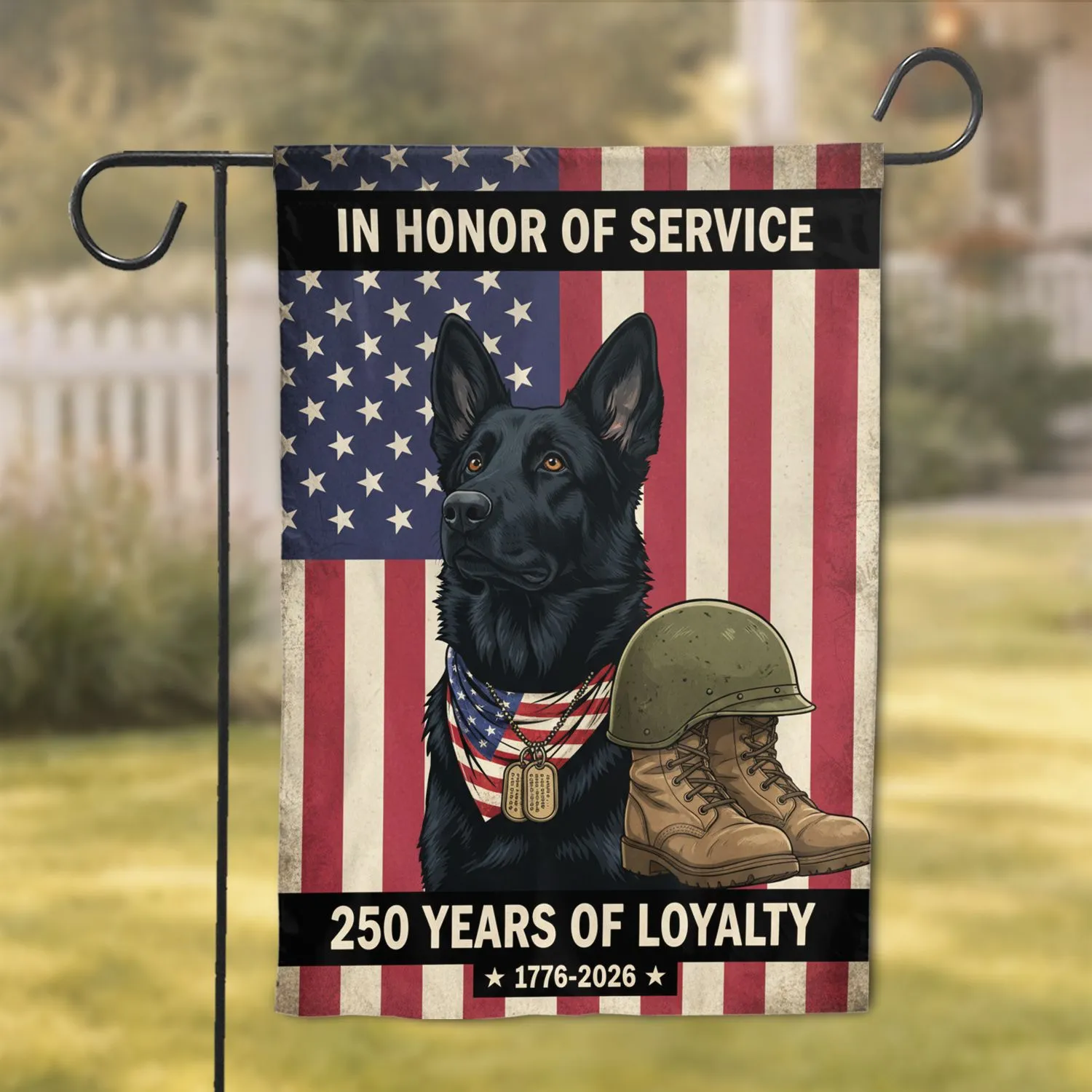 Black Dog American Flag - USA 250th Anniversary 1776-2026 Military Service Loyalty Garden Flag - 1