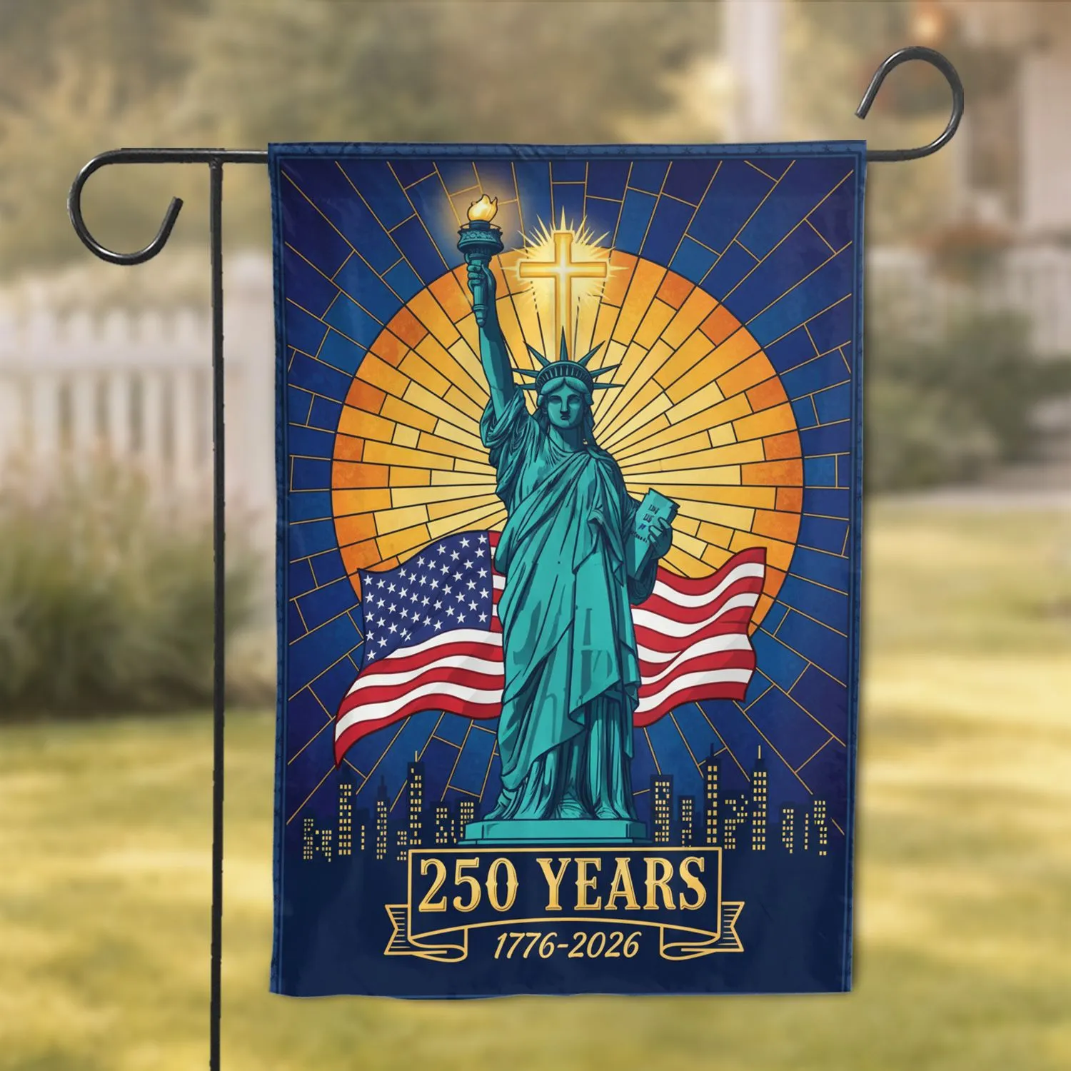 Statue Of Liberty American Flag 1776-2026 - USA 250th Anniversary Christian Cross Garden Flag - 1