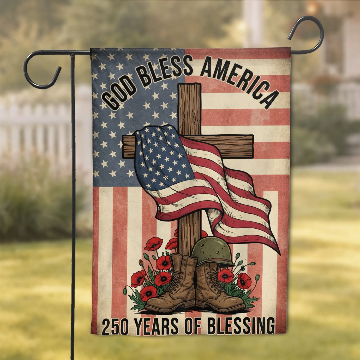 God Bless America Cross Flag, Military Boots, Poppies - USA 250th Anniversary Garden Flag - 1