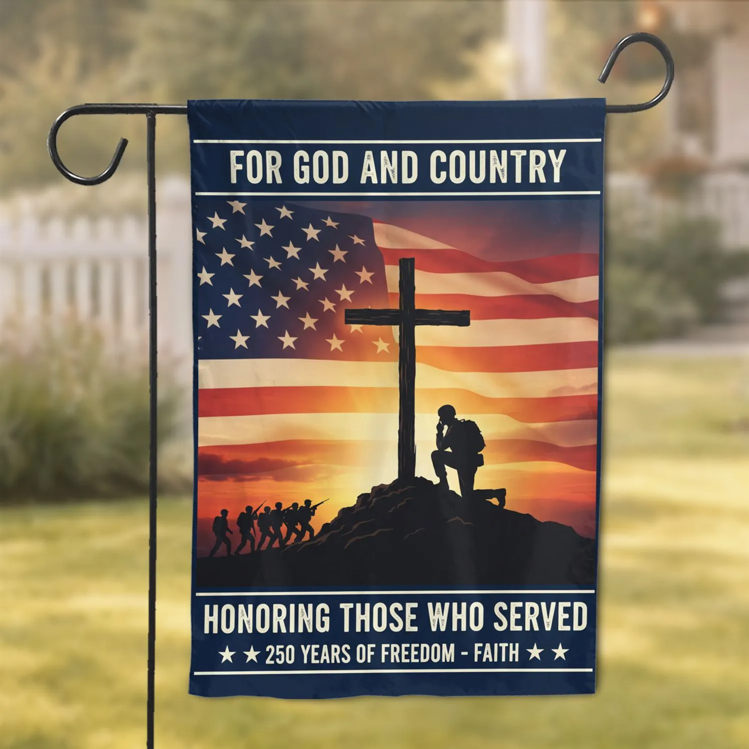 Patriotic Cross Soldier American Flag 1776-2026 - USA 250th God and Country Garden Flag - 1
