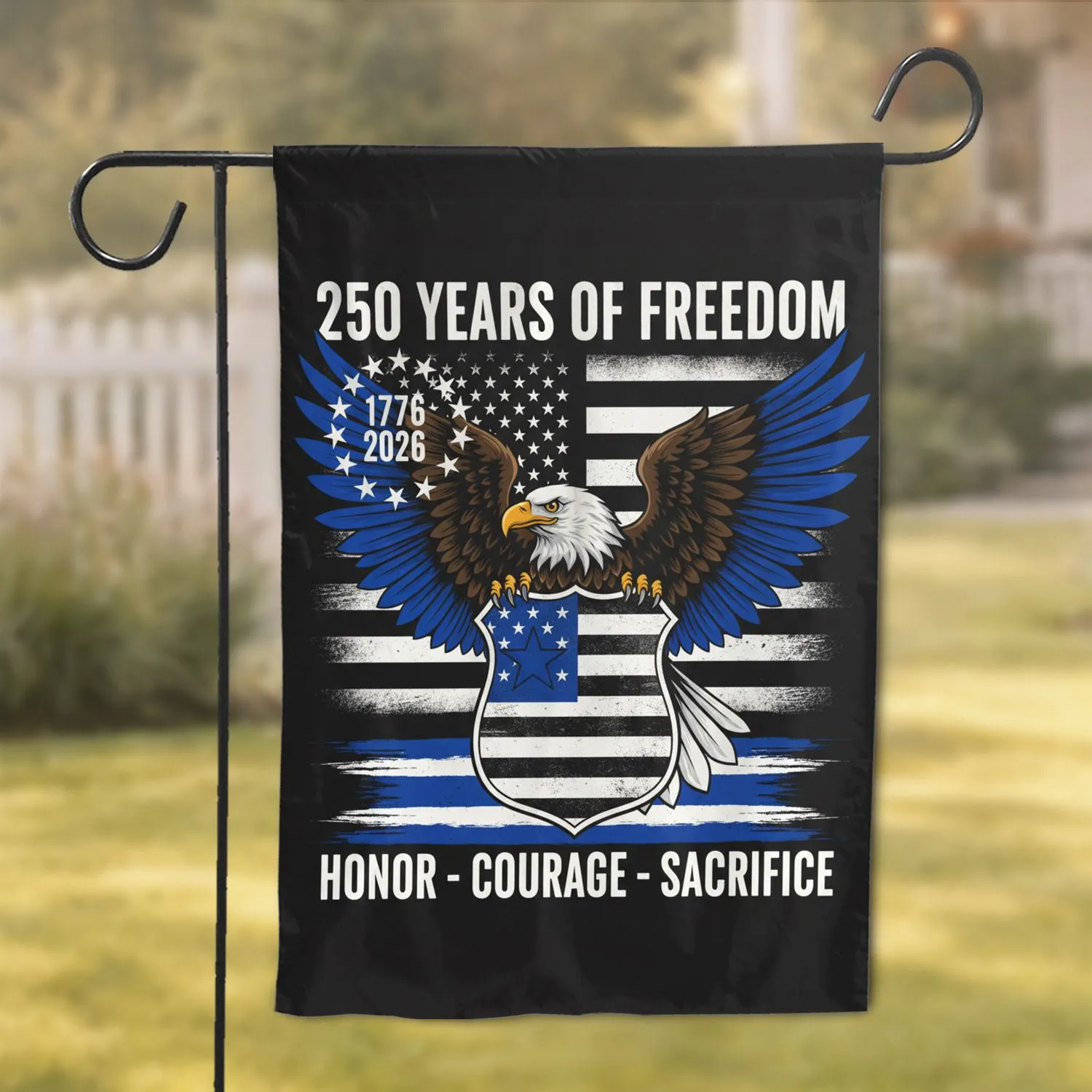 Bald Eagle American Flag Badge Thin Blue Line 1776-2026 - 250 Years of Freedom Police Garden Flag - 1
