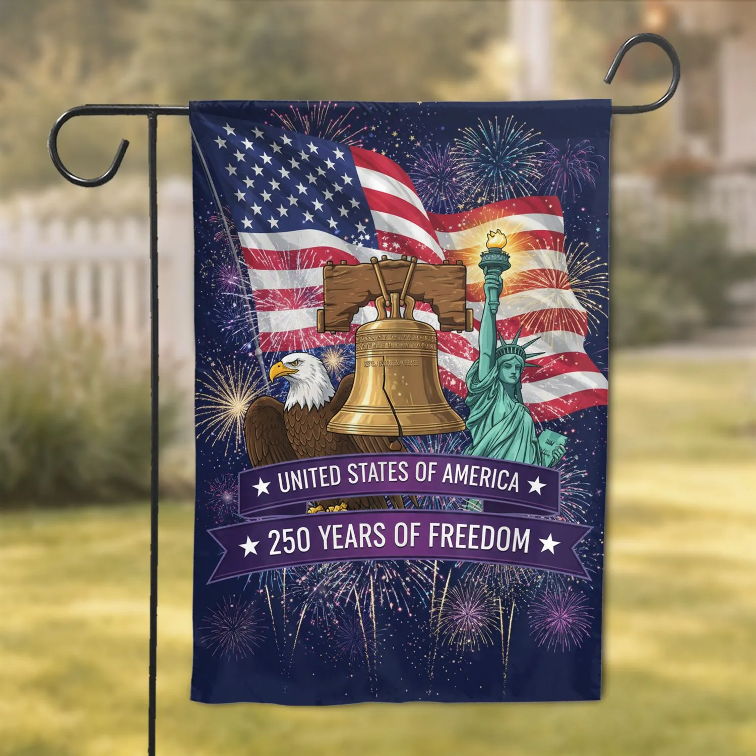 Bald Eagle Liberty Bell Statue of Liberty American Flag - USA 250 Years of Freedom Garden Flag - 1