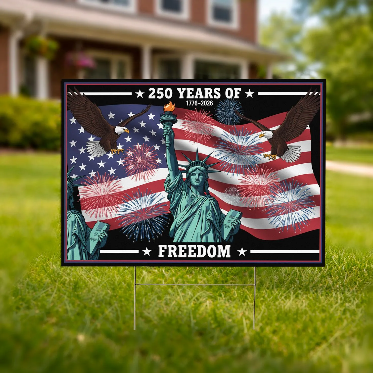 Statue of Liberty American Flag Bald Eagle - Patriotic USA 250th Anniversary Independence Day Yard Sign - 1