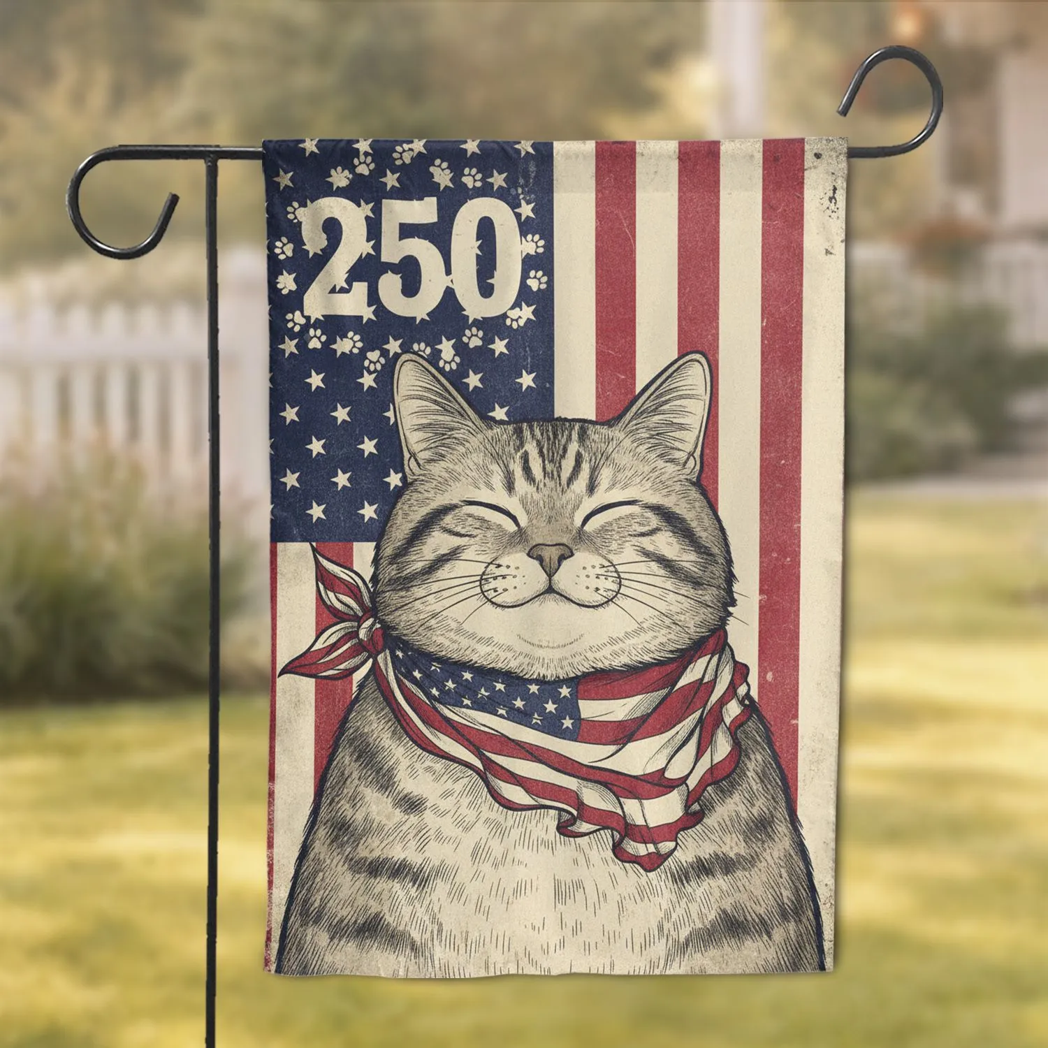 Vintage Tabby Cat American Flag Paw Prints 250th Anniversary (1776-2026) Gift Garden Flag - 1