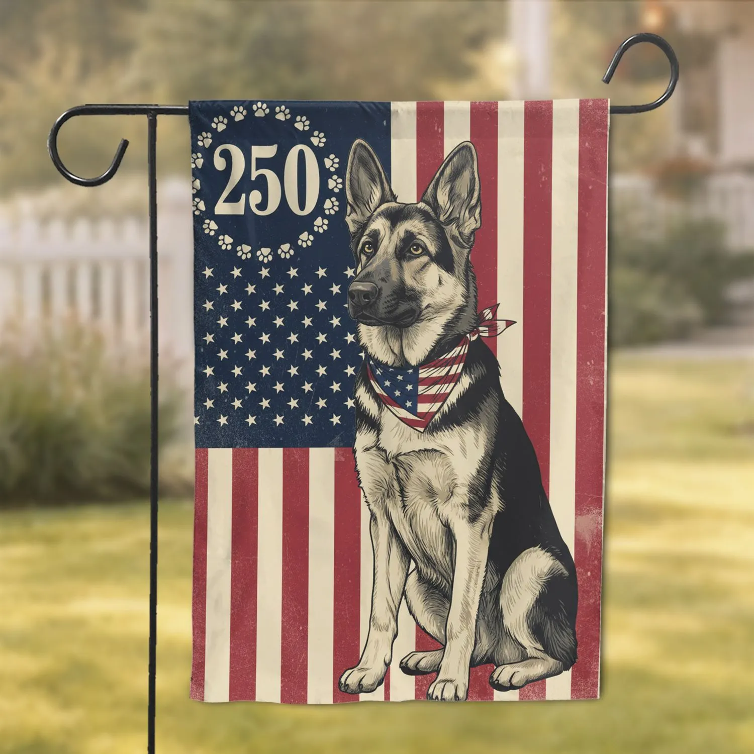 German Shepherd Dog American Flag 250th Anniversary Paw Print Patriot Art for Veterans Garden Flag - 1
