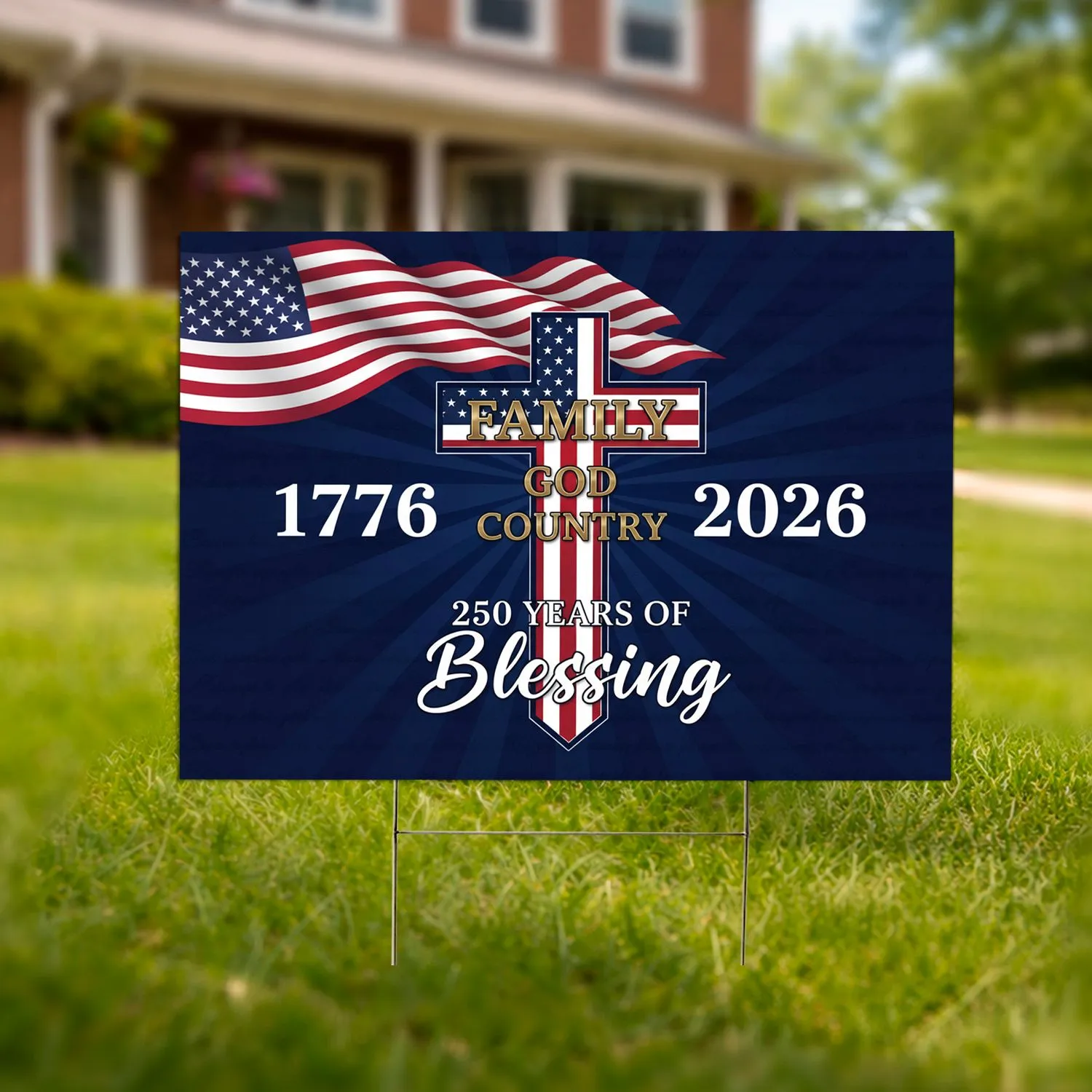 Patriotic Christian Cross God Country American Flag 1776-2026 - USA 250th Anniversary Yard Sign - 1