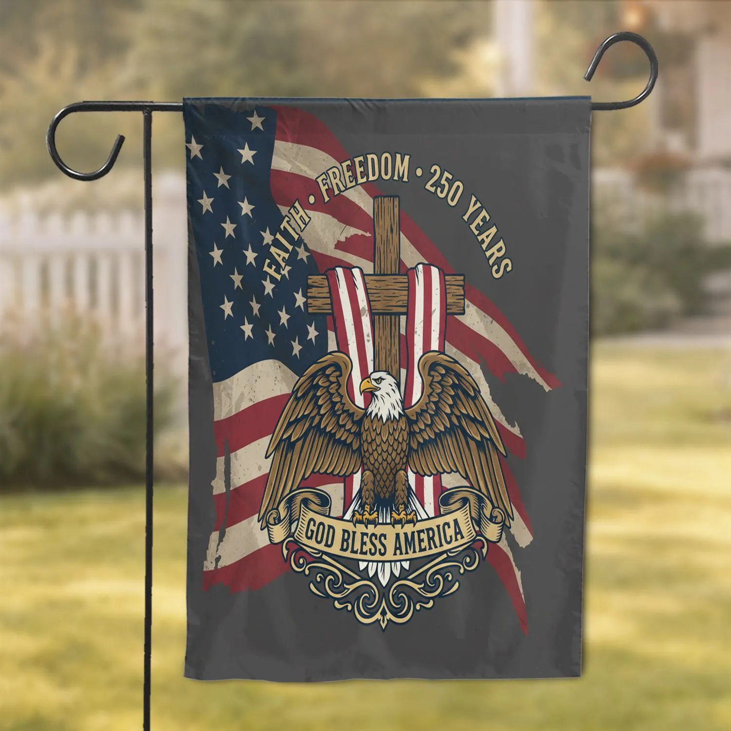Bald Eagle American Flag Cross - USA 250th Anniversary Faith Freedom God Bless America Patriotic Garden Flag - 1