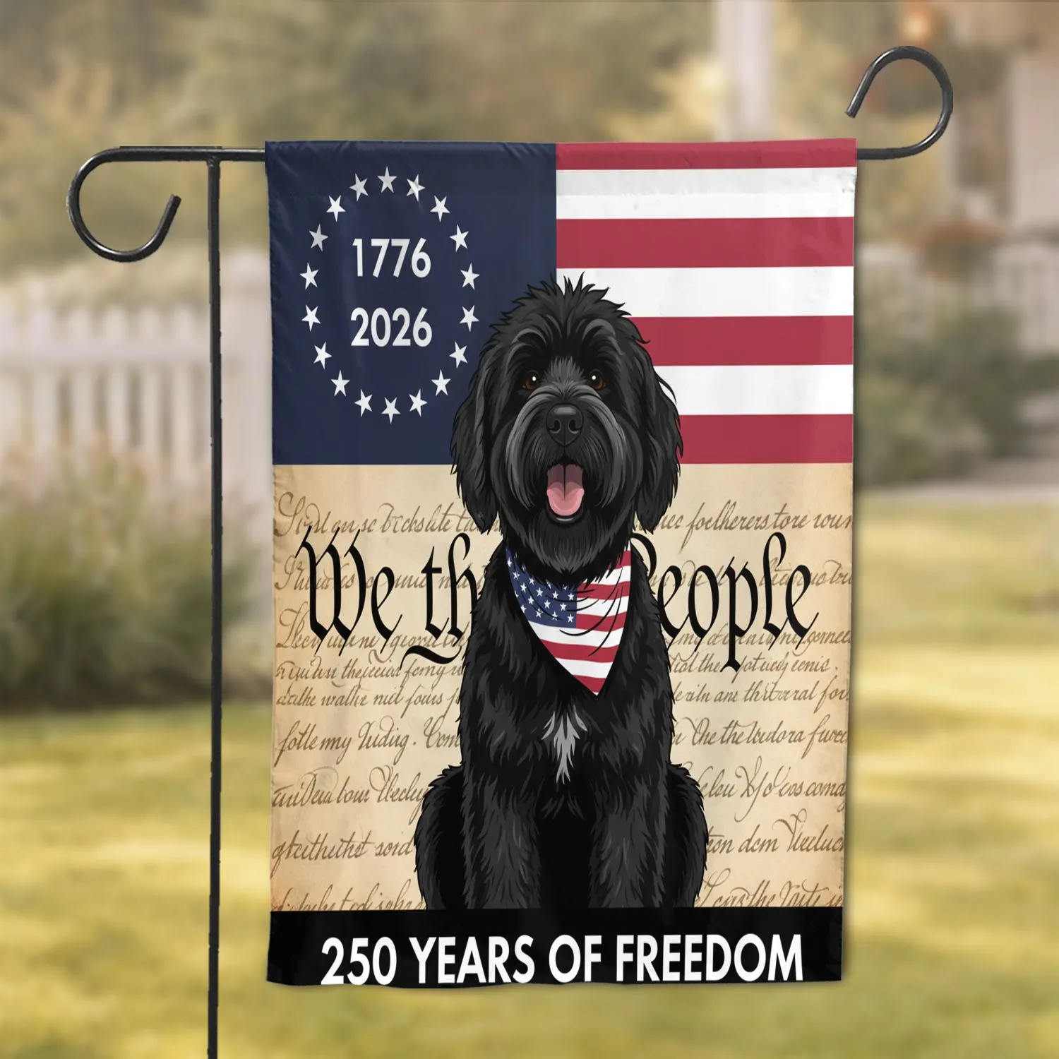 Black Fluffy Dog American Flag 1776-2026 - USA 250th Anniversary Independence Day Garden Flag - 1