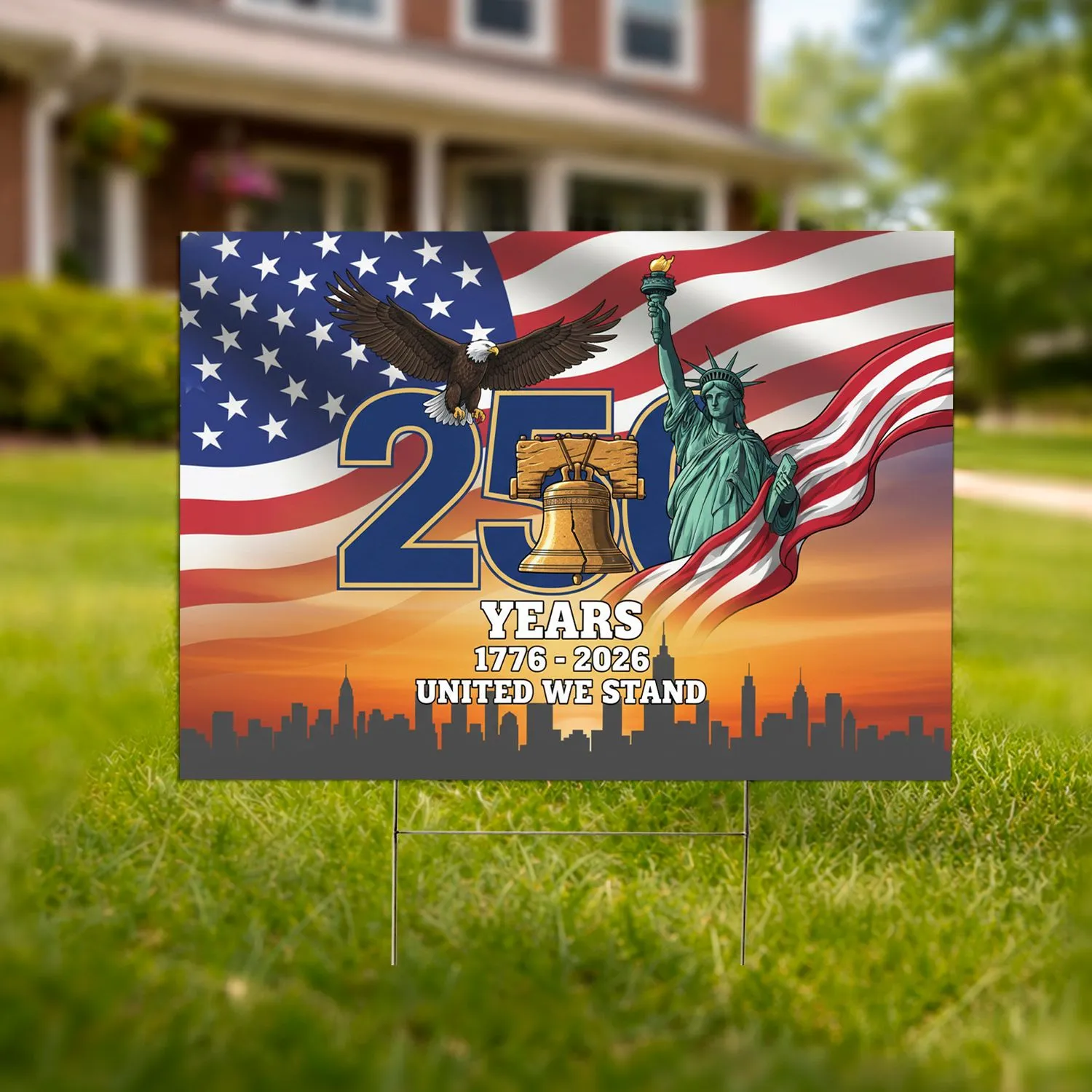 Bald Eagle Statue of Liberty American Flag 250th Anniversary Liberty Bell 1776-2026 Yard Sign - 1