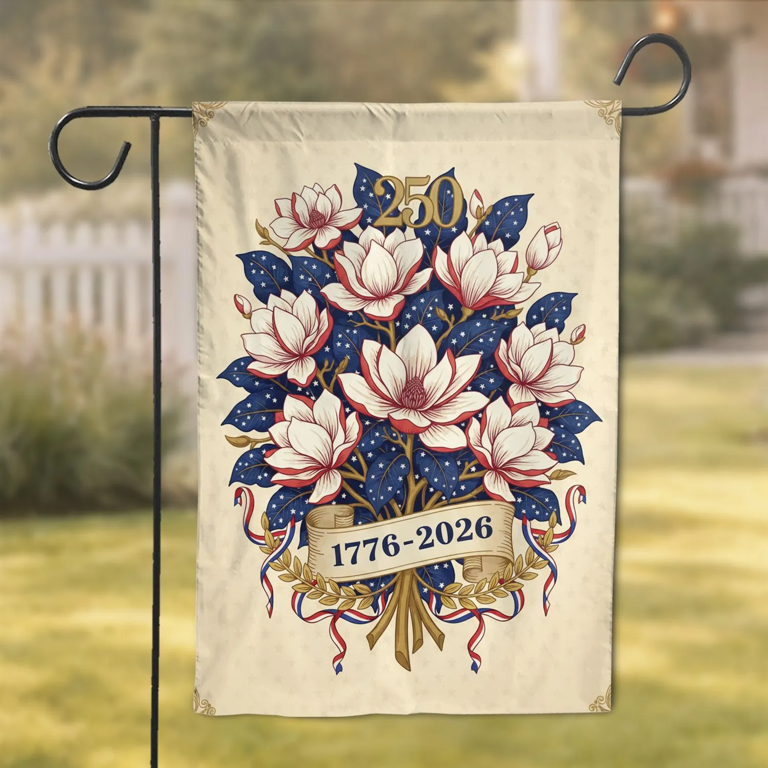 Star Flower Bouquet 1776-2026 - USA 250th Anniversary Patriotic Gold Laurel Garden Flag - 1