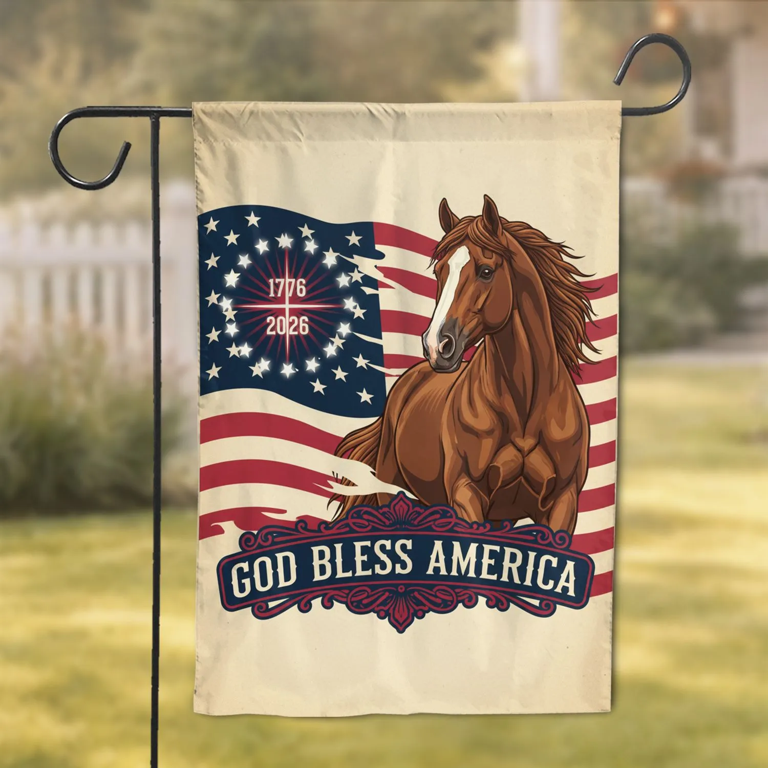 American Flag Horse 1776-2026 - USA 250th Anniversary Patriotic God Bless America Garden Flag - 1