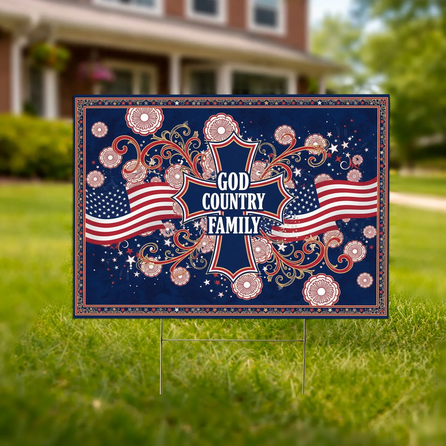 Cross God Country Family American Flag 1776-2026 - USA 250th Anniversary Commemoration Yard Sign - 1