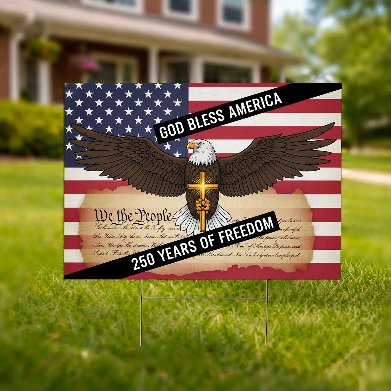 Bald Eagle American Flag We The People 1776 - USA 250th Anniversary Golden Cross Yard Sign - 1