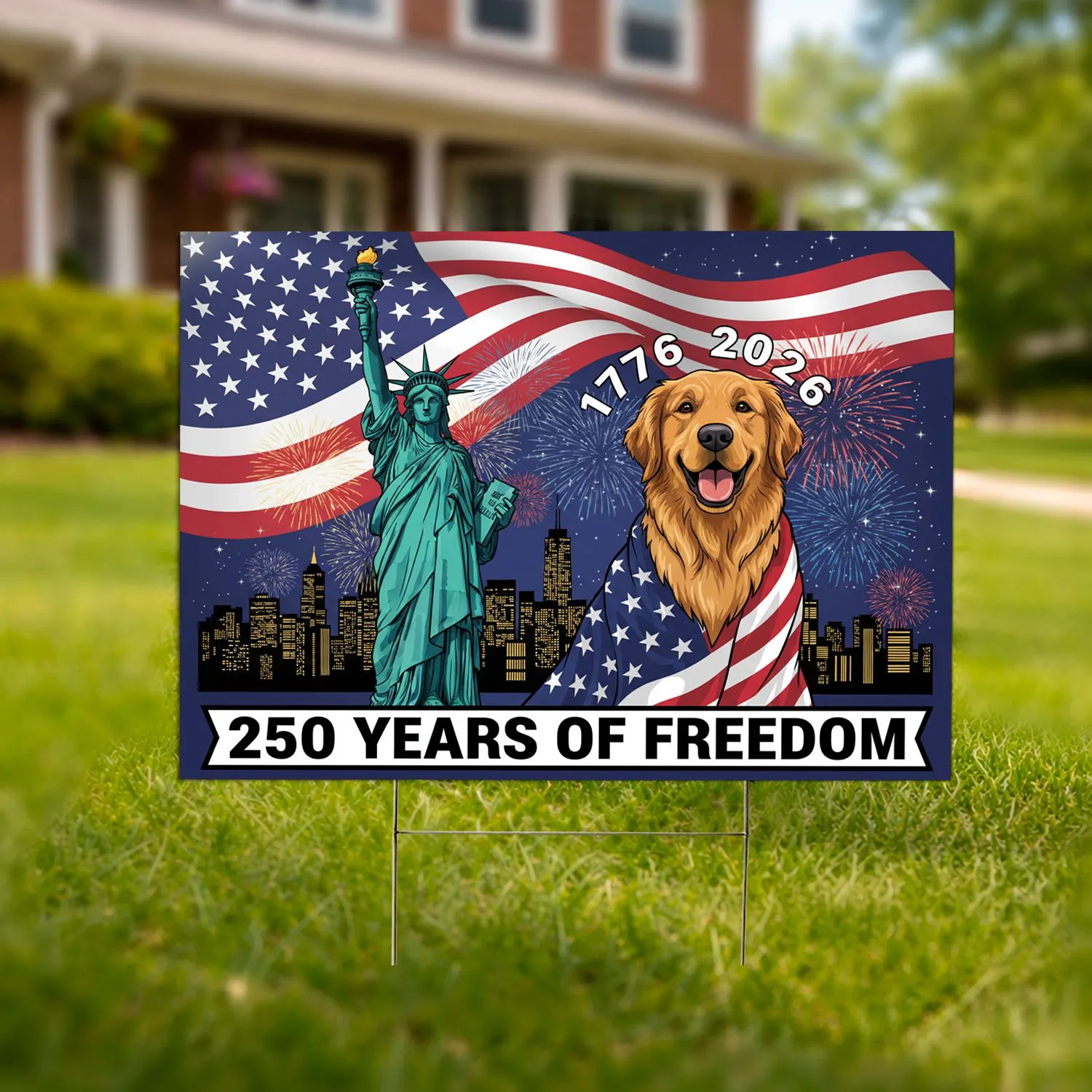 Golden Retriever Statue of Liberty American Flag 1776-2026 - 250 Years of Freedom Yard Sign - 1