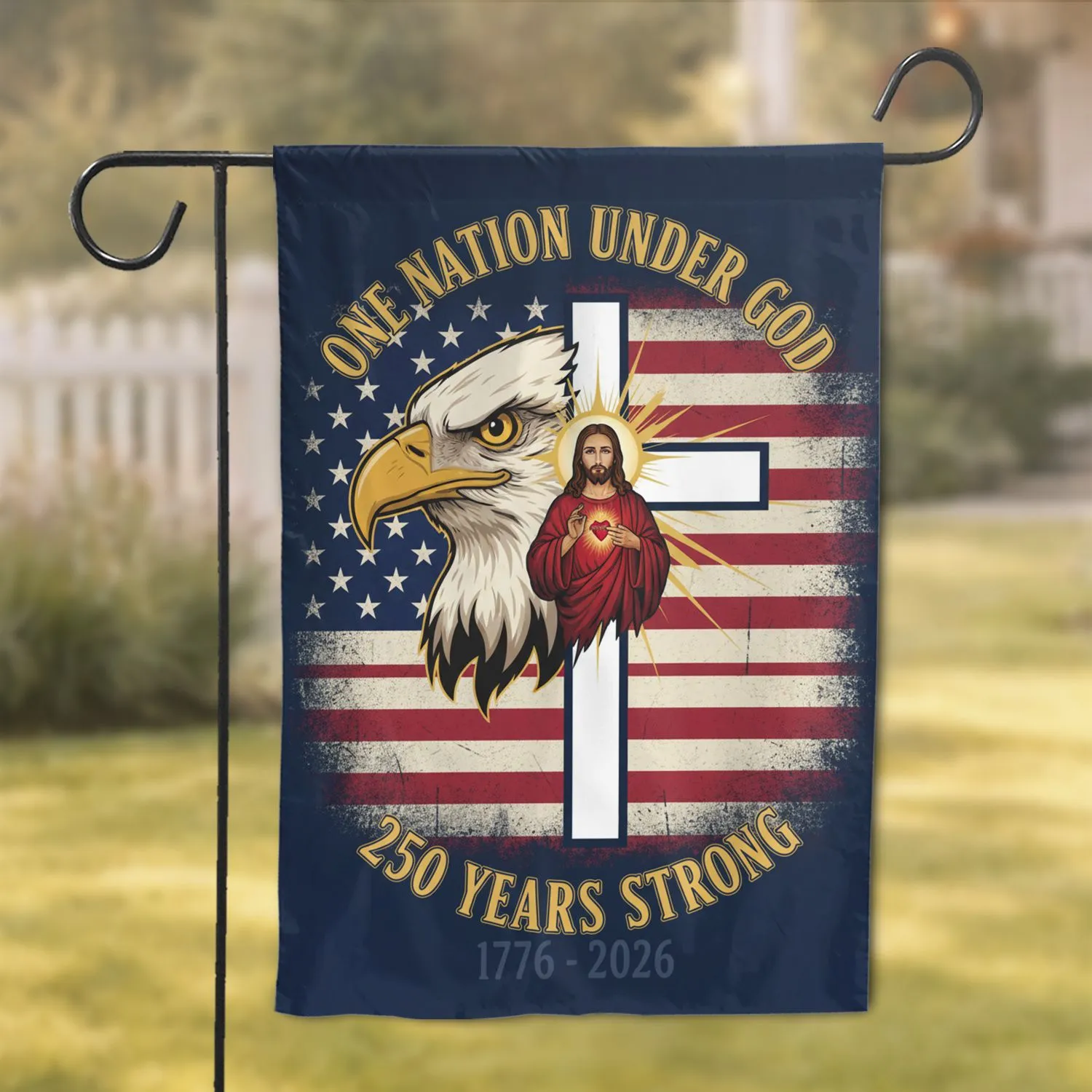 Bald Eagle Cross Jesus Sacred Heart Flag - USA 250th Anniversary 1776-2026 Patriot Garden Flag - 1