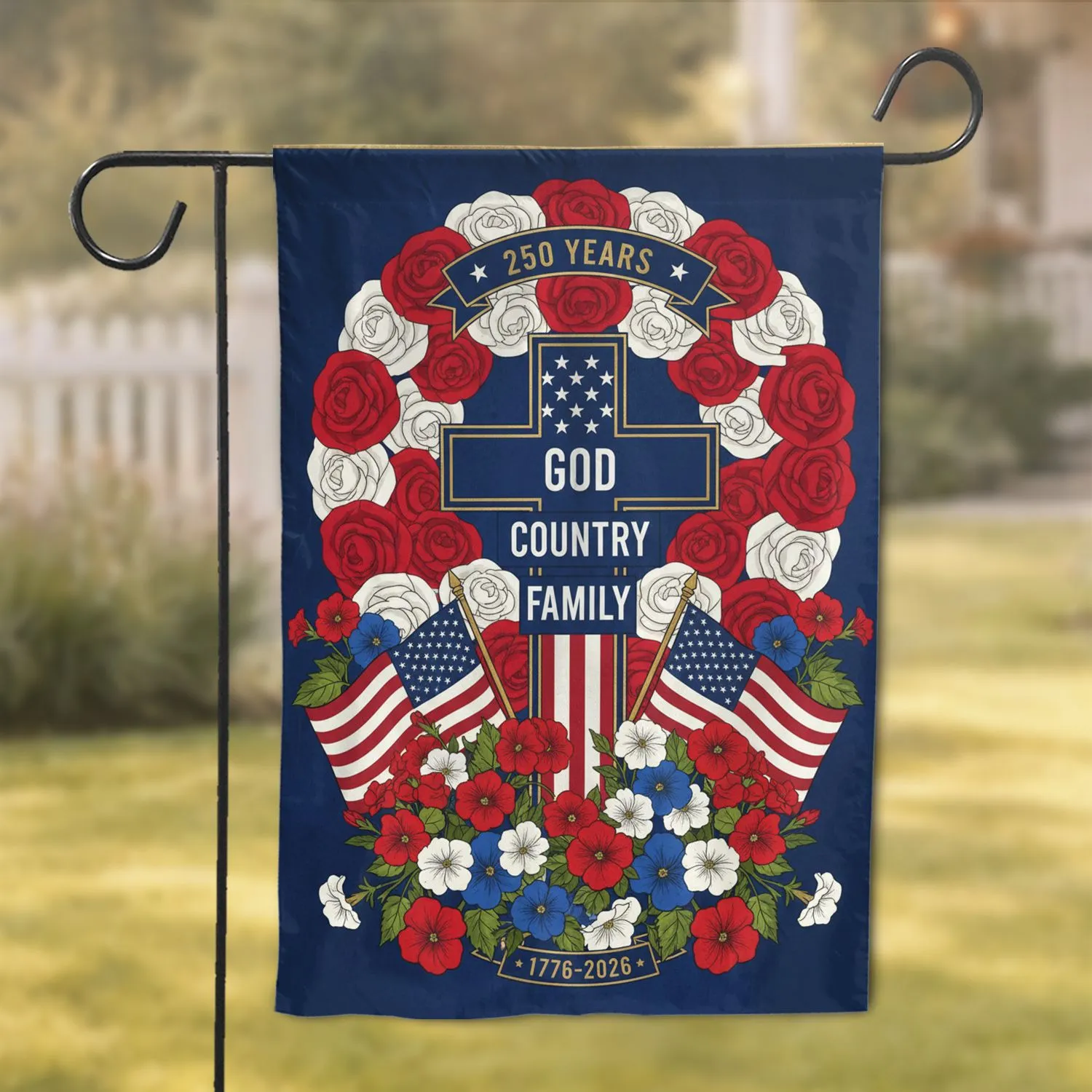 Patriotic Wreath Cross American Flag Art - USA 250th Anniversary (1776-2026) Commemorative Garden Flag - 1