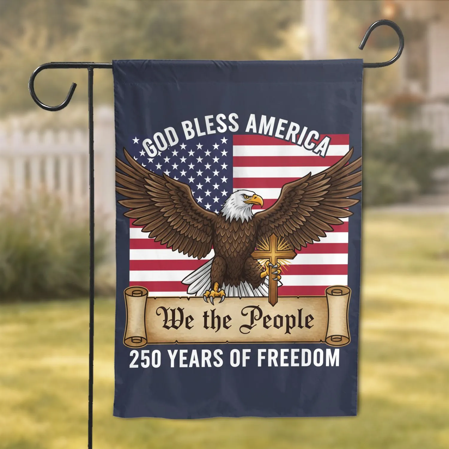 Bald Eagle Christian Cross American Flag We the People Scroll - USA 250th Anniversary (1776-2026) Garden Flag - 1