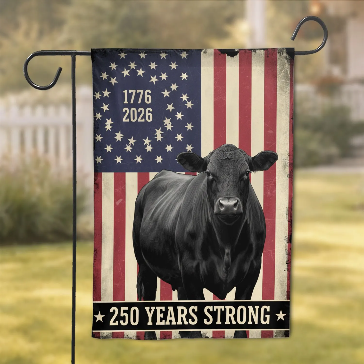 Black Angus Cow American Flag 1776-2026 - USA 250th Anniversary Freedom Heritage Garden Flag - 1