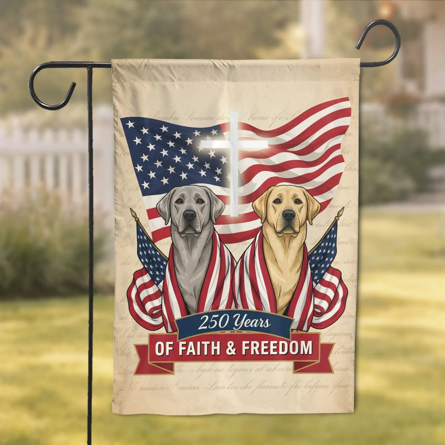 Labrador Dogs Christian Cross American Flag – USA 250th Anniversary 1776-2026 Faith Freedom Garden Flag - 1