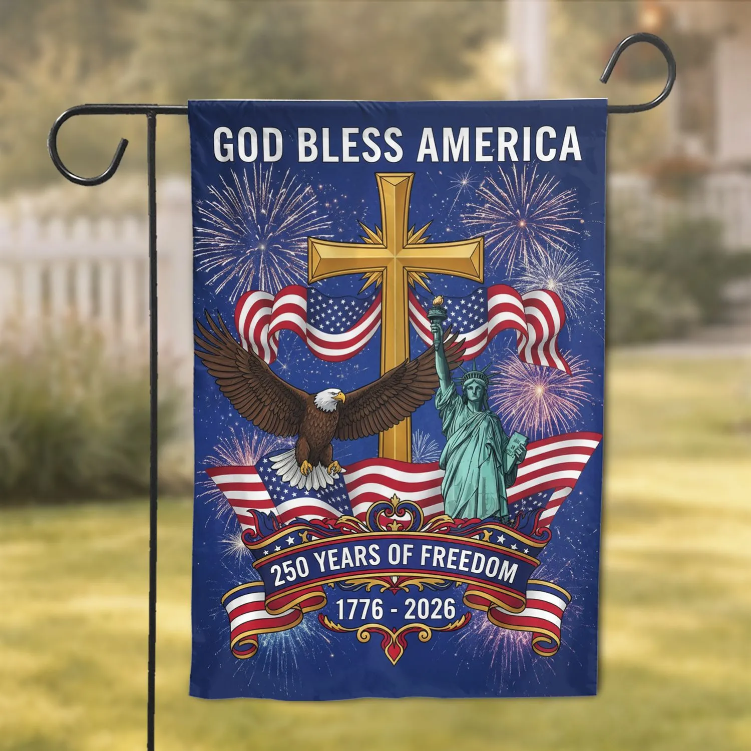 Bald Eagle American Flag Statue of Liberty 1776-2026 - God Bless America 250th Anniversary Garden Flag - 1