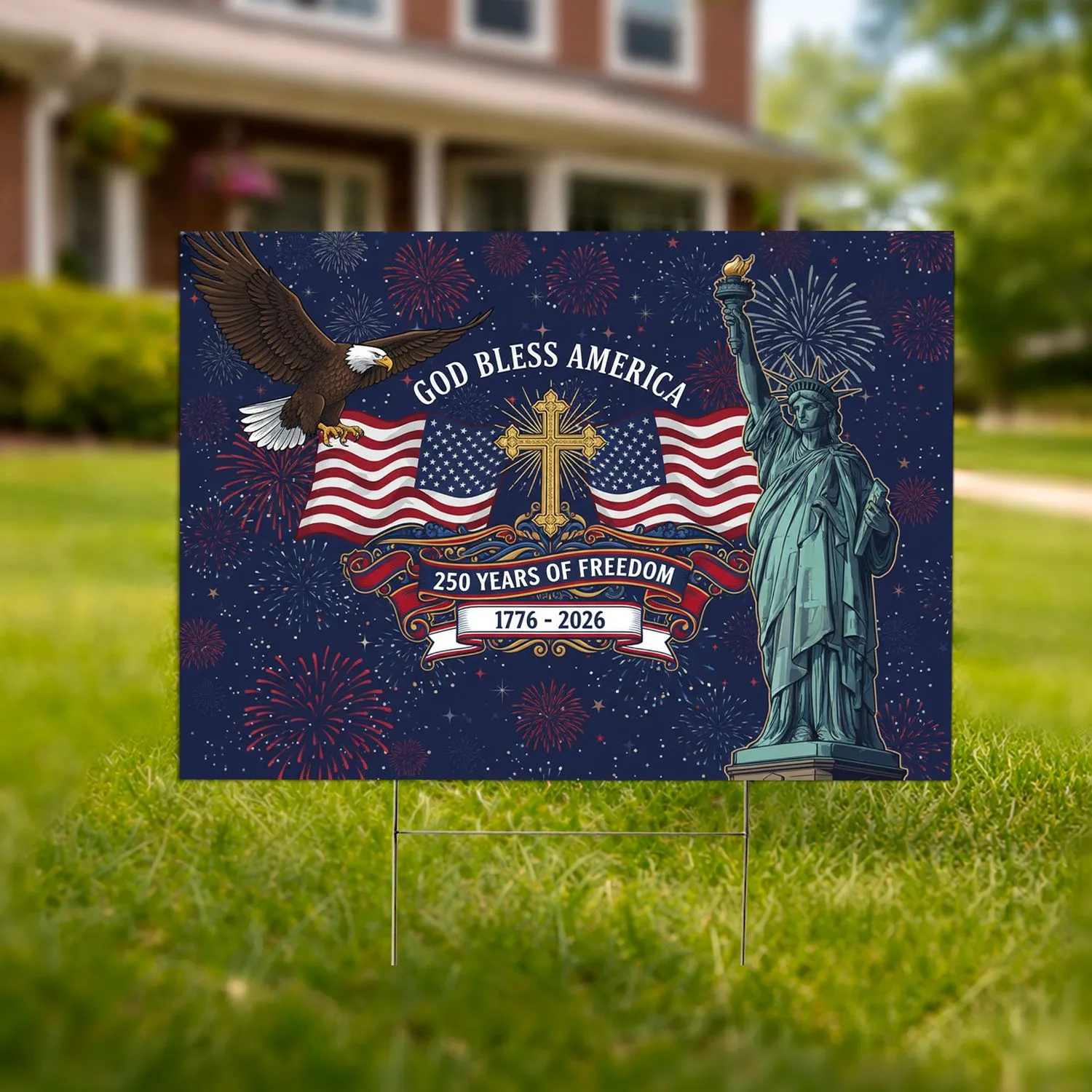Bald Eagle American Flag Statue of Liberty - GOD BLESS AMERICA 1776-2026 USA 250th Anniversary Yard Sign - 1