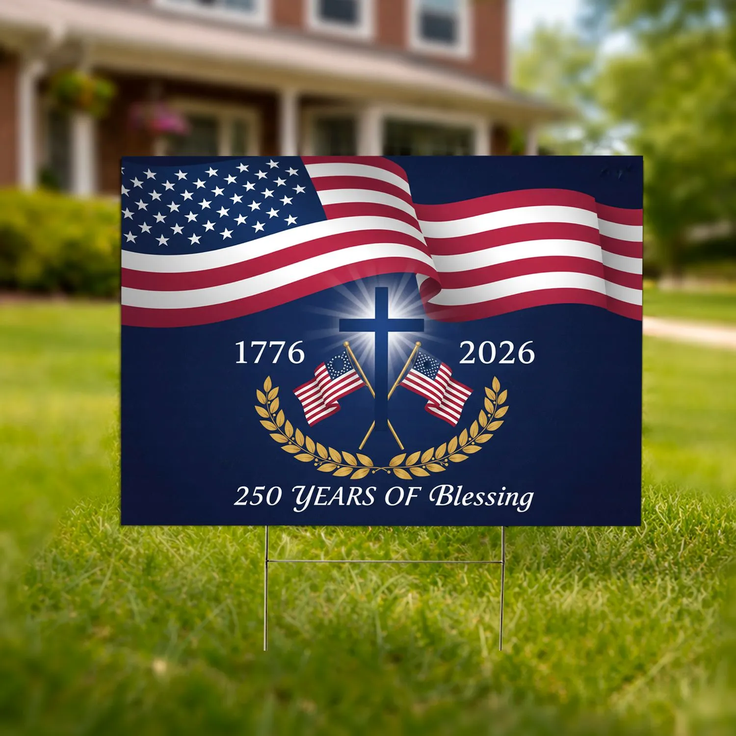American Flag Cross 1776-2026 - USA 250th Anniversary Independence Day Blessing Yard Sign - 1