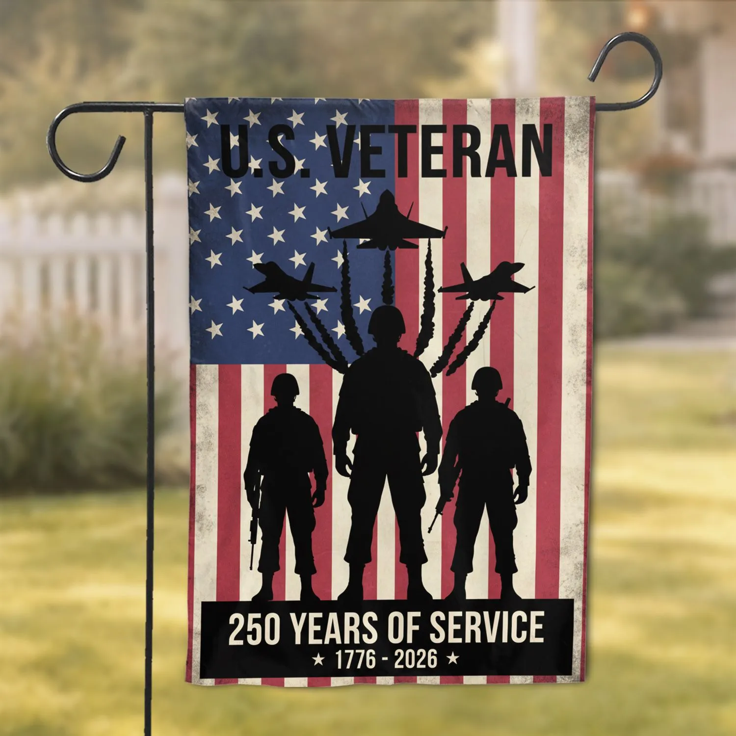 U.S. Veteran Fighter Jet Soldier Distressed American Flag 250th Anniversary 1776-2026 Garden Flag - 1